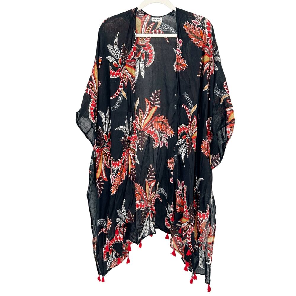 Ultra Pink Dark Boho Fringe Tropical Leaf Kimono Wrap Cardigan Beach Cover Up OS